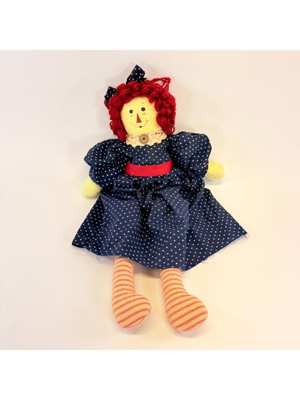 2001 Handmade Rag Doll Red Yarn Hair Navy Polka Dot Dress Lace Collar 16 Inch